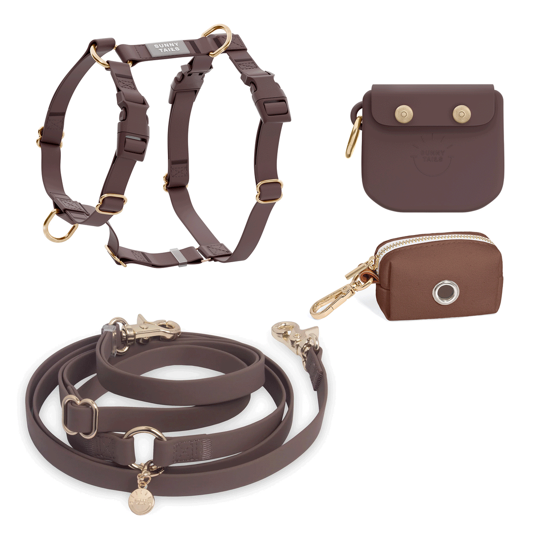 Espresso Brown Hands Free Leash | Snap Dog Treat Pouch | Waste Dog Poop Bag Dispenser | Cloud Lite Waterproof No Pull Dog Harness