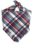 Frosted Foresty Flannel Frayed Dog Bandana | Brown and Blue Plaid Christmas Flannel | Shop Sunny Tails