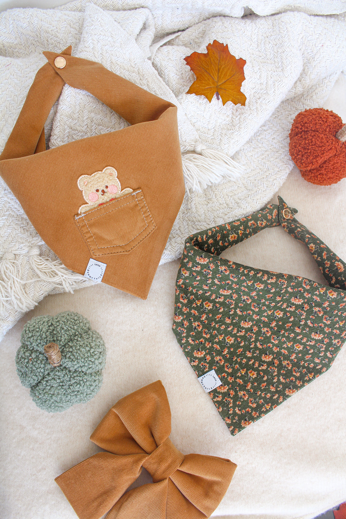 Caramel Corduroy Teddy Friends Vol. 2 Dog Bandana - Beige | Fall Teddy Bear Dog Bandana | Shop Sunny Tails