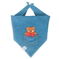 Pocket Teddy Indigo Denim Dog Bandana Brown | Teddy Bear Dog Bandana | Shop Sunny Tails