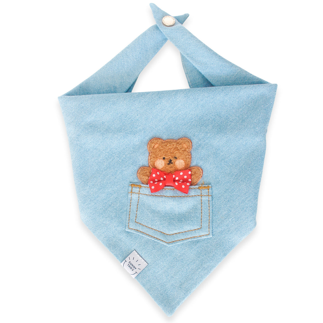 Pocket Teddy Bleached Denim Denim Dog Bandana Brown | Teddy Bear Dog Bandana | Shop Sunny Tails