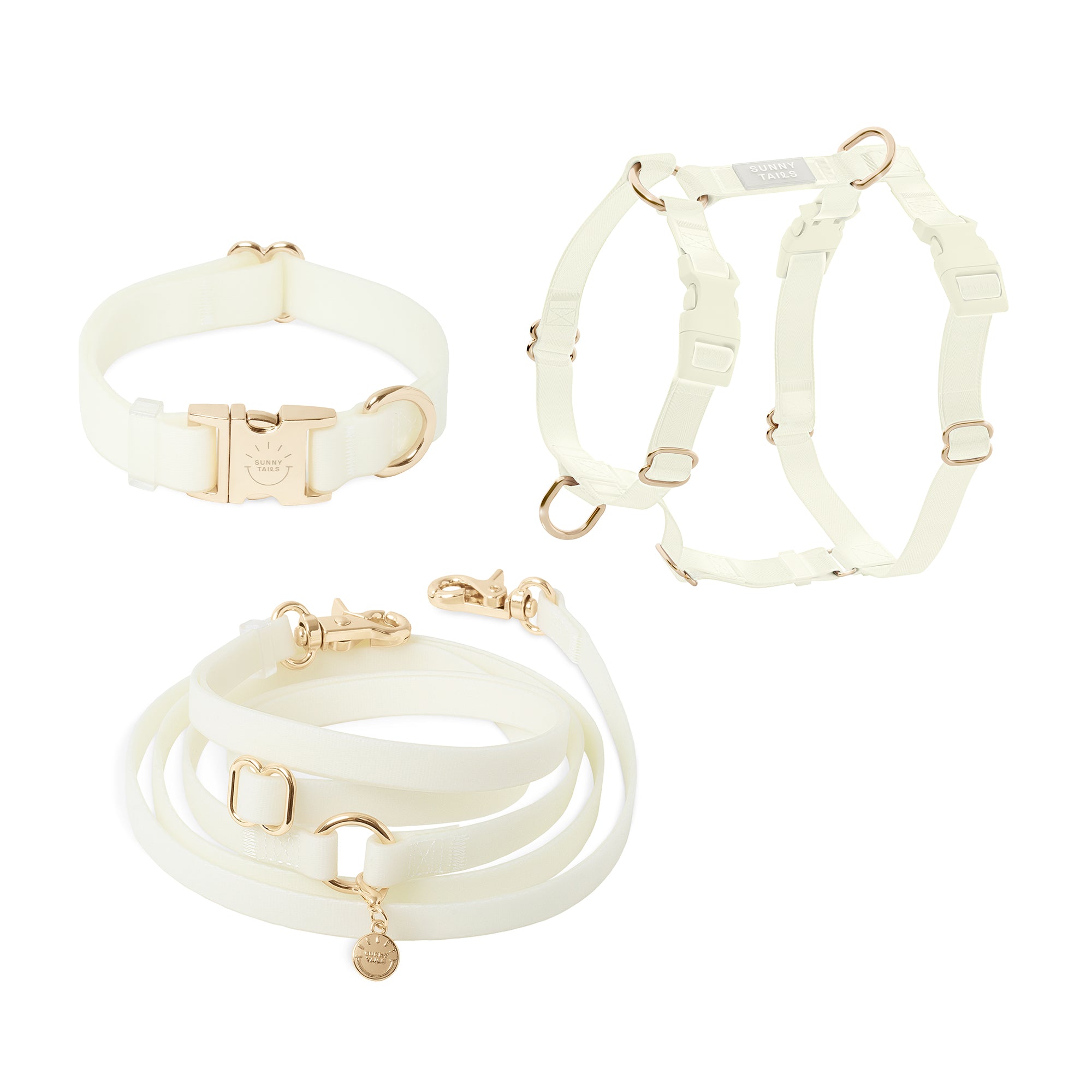 Lunar Glow Dog Harness and Collar Bundle | Glow in the Dark Hands Free Leash Dog Walk Set | Waterproof | White Dog Harness and Collar | Sunny Tails
