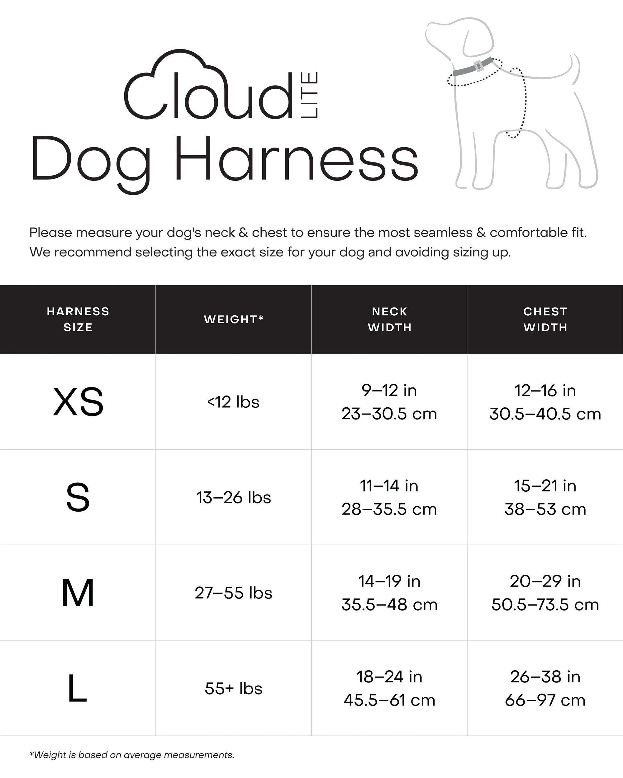 Cloud Lite Dog Harness size chart with measurements for neck and chest width.
