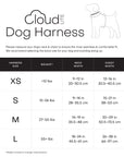 Cloud Lite Dog Harness size chart with measurements for neck and chest width.