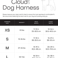 Cloud Lite Dog Harness size chart with measurements for neck and chest width.