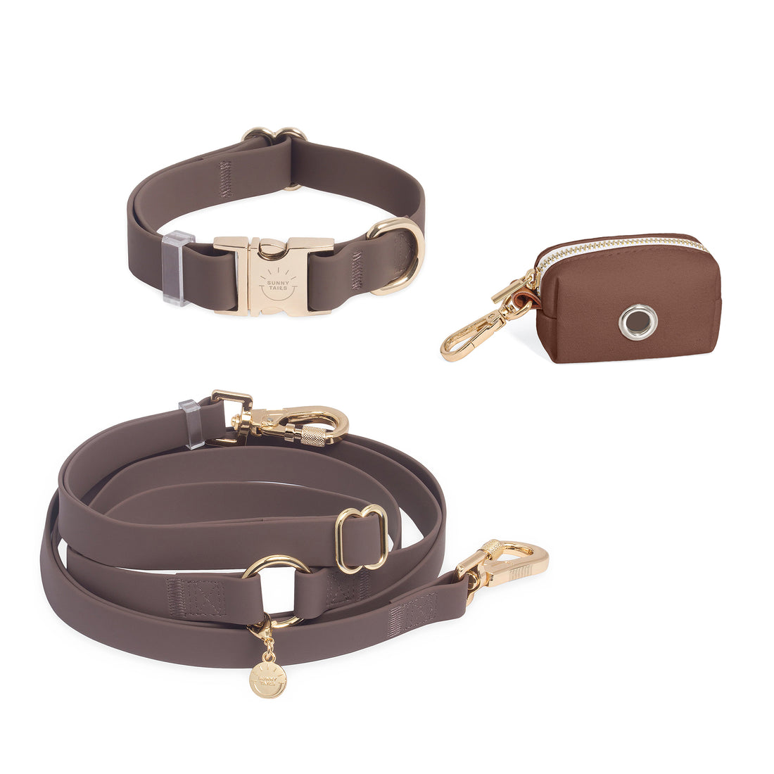 Espresso Brown Hands Free Leash |  Waste Dog Poop Bag Dispenser | Cloud Waterproof Dog Collar