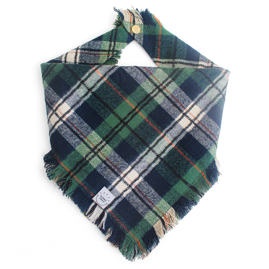 Evergreen Plaid Flannel Frayed Dog Bandana | Green and Blue Plaid Christmas Flannel | Shop Sunny Tails