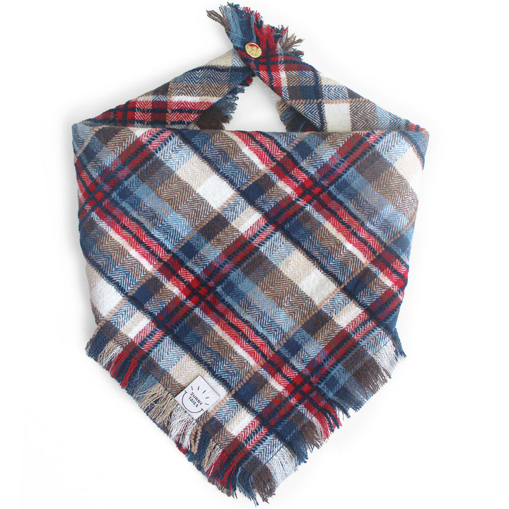 Frosted Foresty Flannel Frayed Dog Bandana | Brown and Blue Plaid Christmas Flannel | Shop Sunny Tails