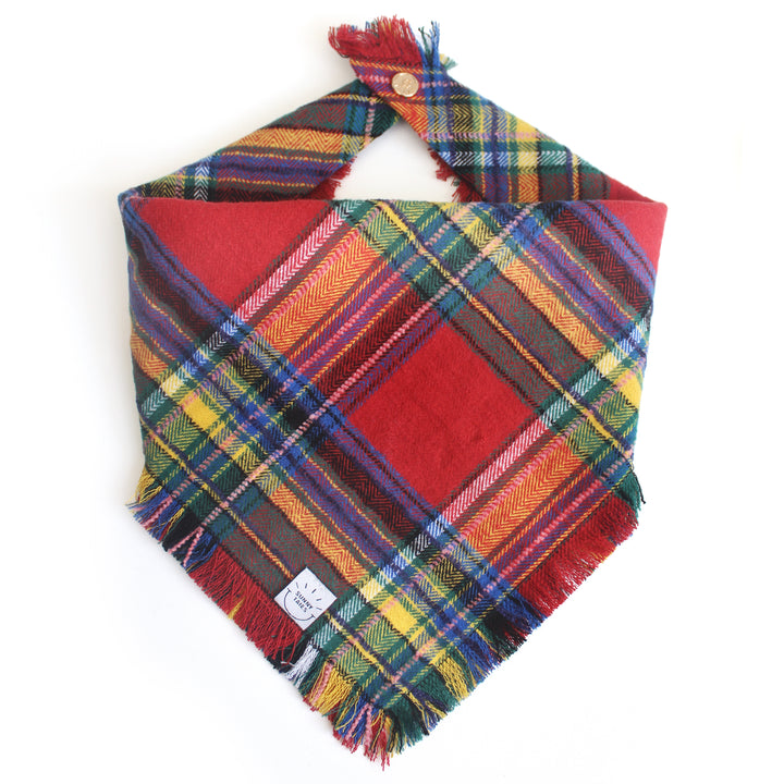 Holiday Cheer Flannel Frayed Dog Bandana | Tartan Red Plaid Christmas Flannel | Shop Sunny Tails