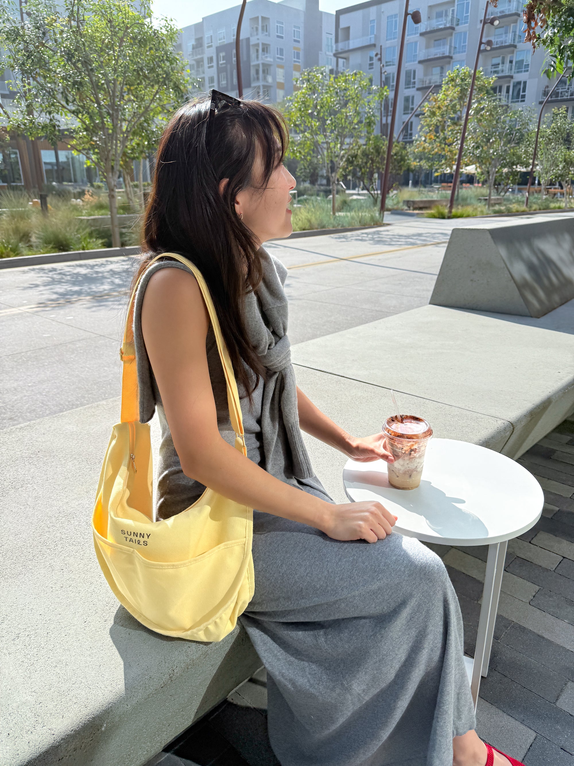 Sunny Tails Canvas Tote Bag | Butter Yellow Moon Bag | Yellow Travel Bag | Dumpling Bag
