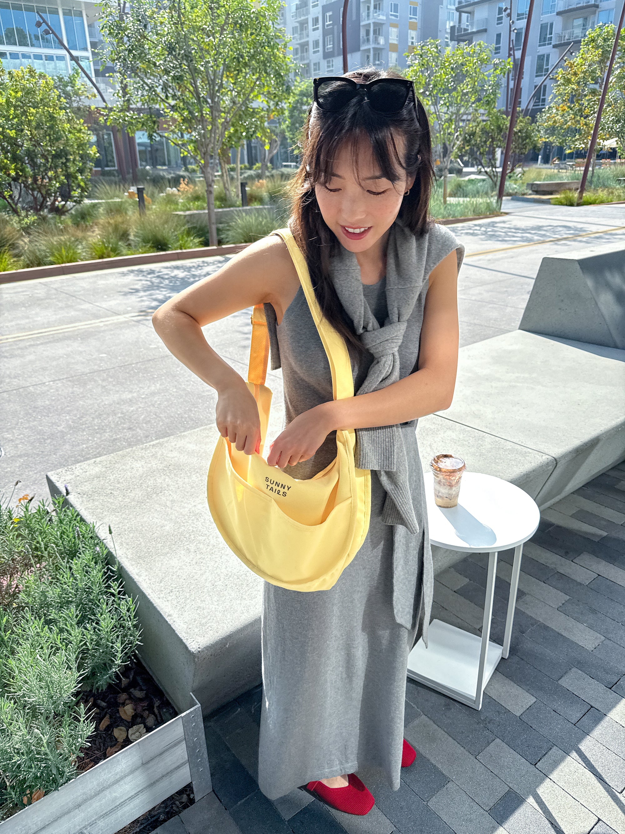 Sunny Tails Canvas Tote Bag | Butter Yellow Moon Bag | Yellow Travel Bag | Dumpling Bag