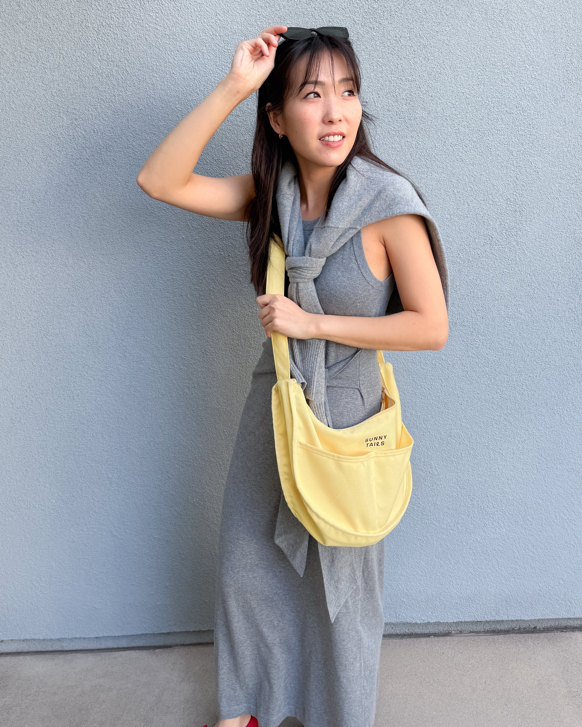 Sunny Tails Canvas Tote Bag | Butter Yellow Moon Bag | Yellow Travel Bag | Dumpling Bag