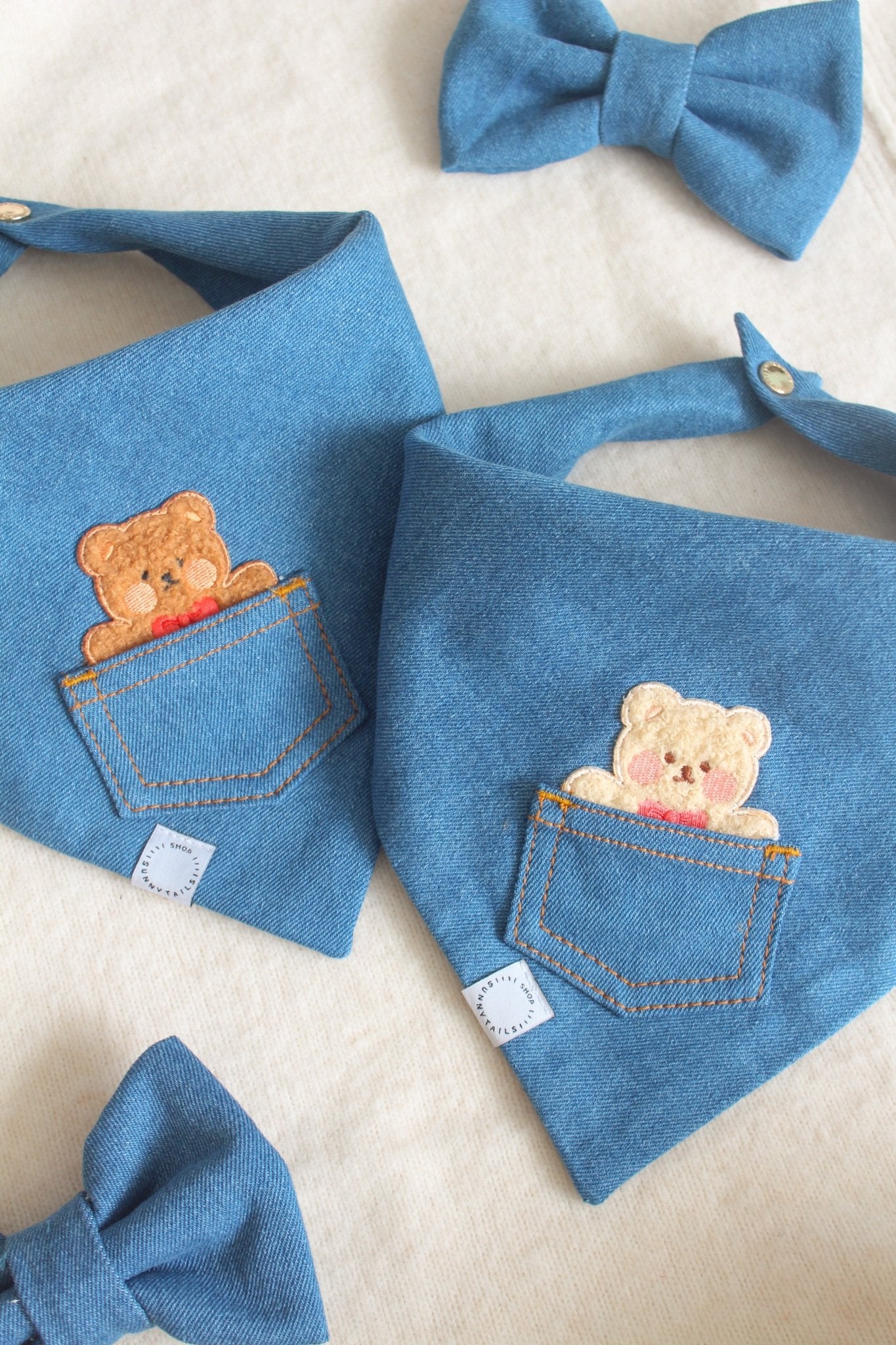 Pocket Teddy Indigo Denim Dog Bandana - Brown - SUNNY TAILS