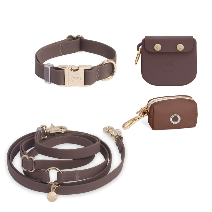 Espresso Brown Hands Free Leash | Snap Dog Treat Pouch |  Waste Dog Poop Bag Dispenser | Cloud Waterproof Dog Collar