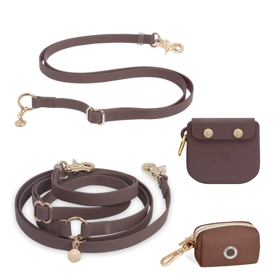 Espresso Brown Hands Free Leash | Snap Dog Treat Pouch |  Waste Dog Poop Bag Dispenser | Extension Piece