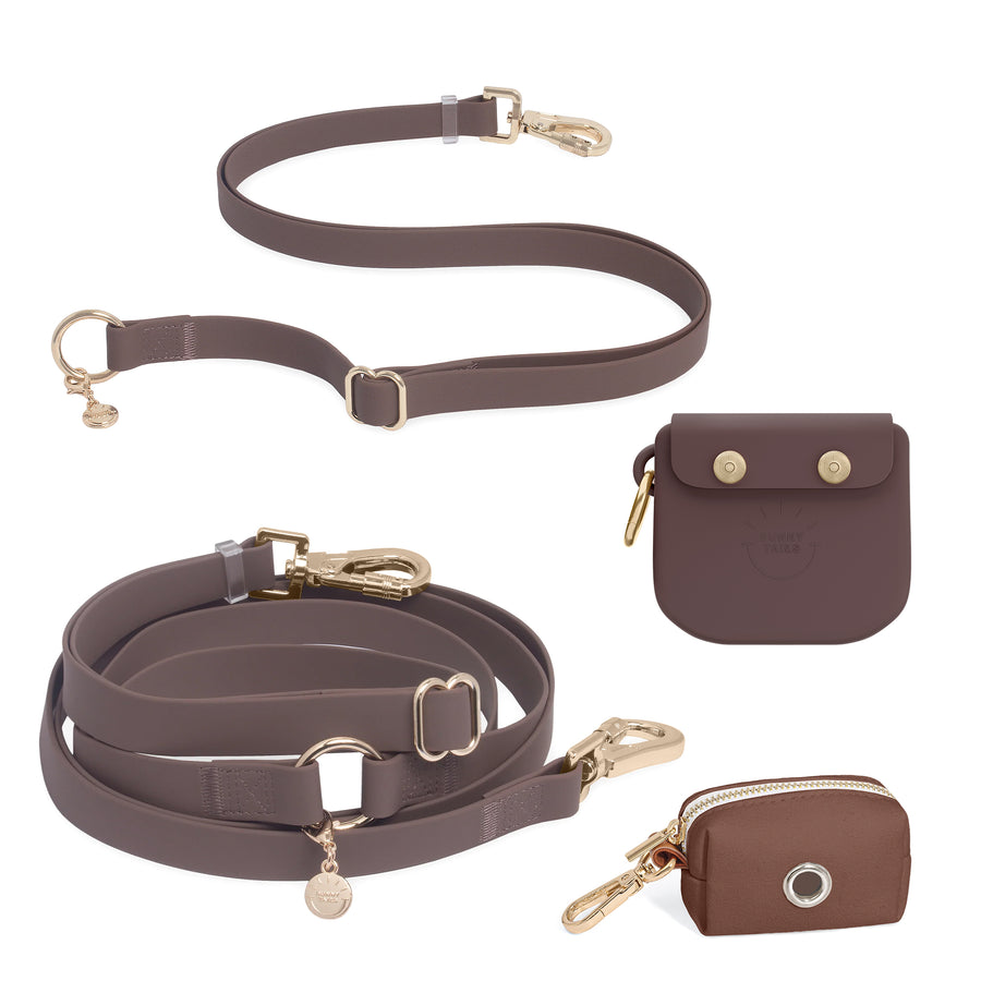 Espresso Brown Hands Free Leash | Snap Dog Treat Pouch |  Waste Dog Poop Bag Dispenser | Extension Piece