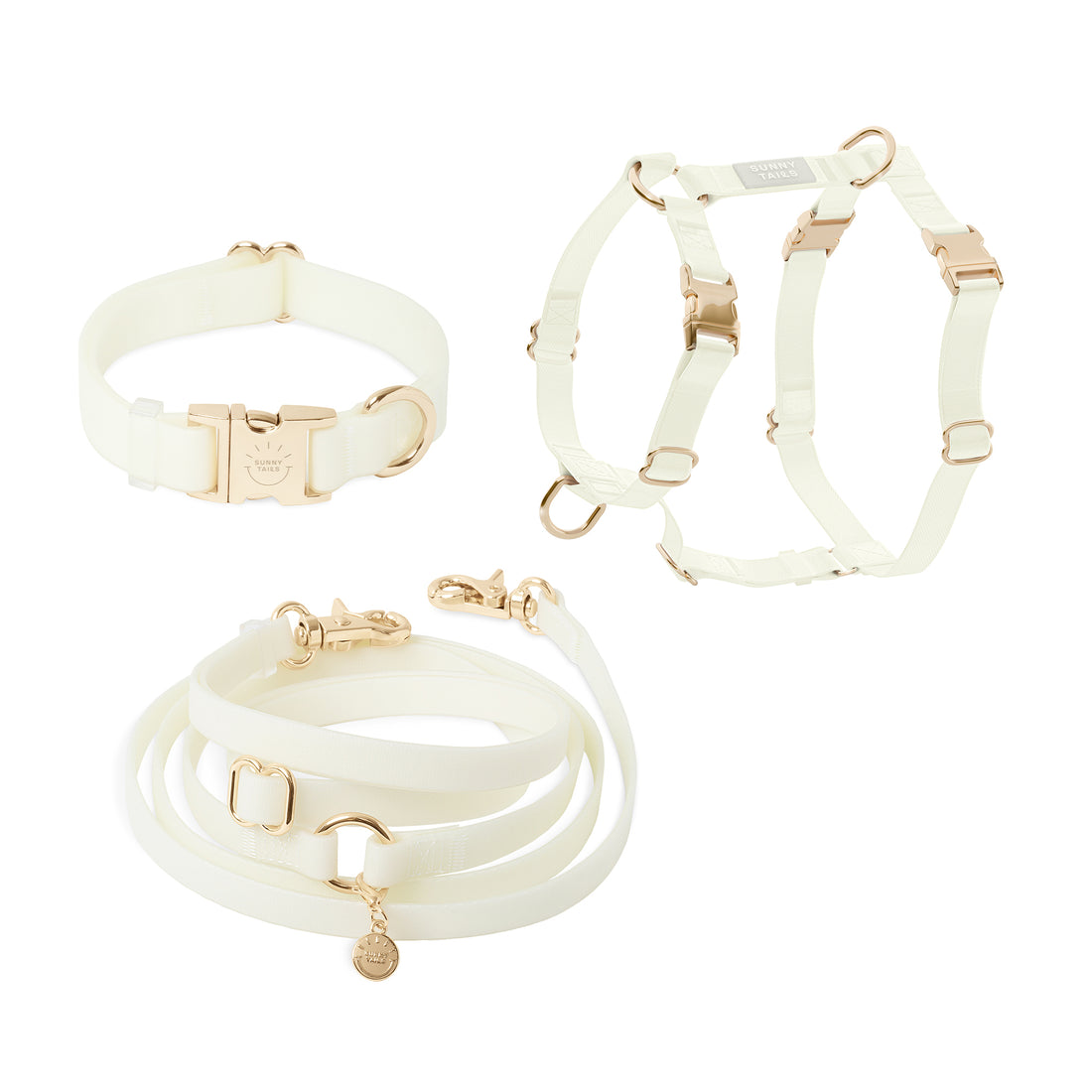 Lunar Glow Dog Harness and Collar Bundle | Glow in the Dark Hands Free Leash Dog Walk Set | Waterproof | White Dog Harness and Collar | Sunny Tails