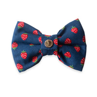 Strawberry Jeans Dog Bow Tie  | Blue Strawberry Snap Over Collar Bow Tie | Shop Sunny Tails