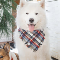 Frosted Foresty Flannel Frayed Dog Bandana | Brown and Blue Plaid Christmas Flannel | Shop Sunny Tails