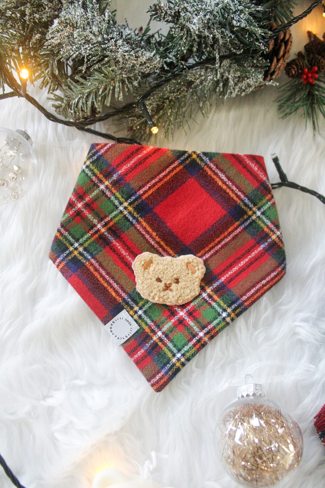 Christmas Flannel Teddy Bear Dog Bandana | Red and Green Flannel Dog Bandana | Shop Sunny Tails