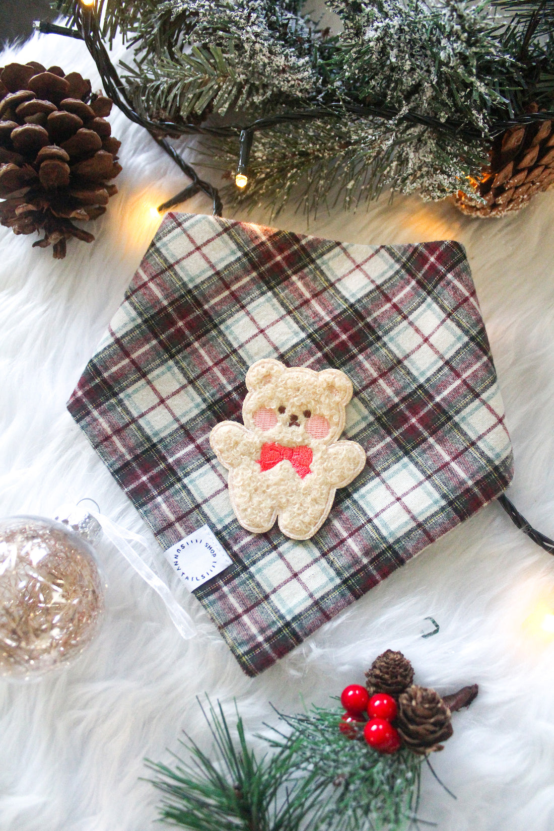 Holly Jolly Plaid Teddy Dog Bandana | Teddy Bear Dog Bandana | Shop Sunny Tails