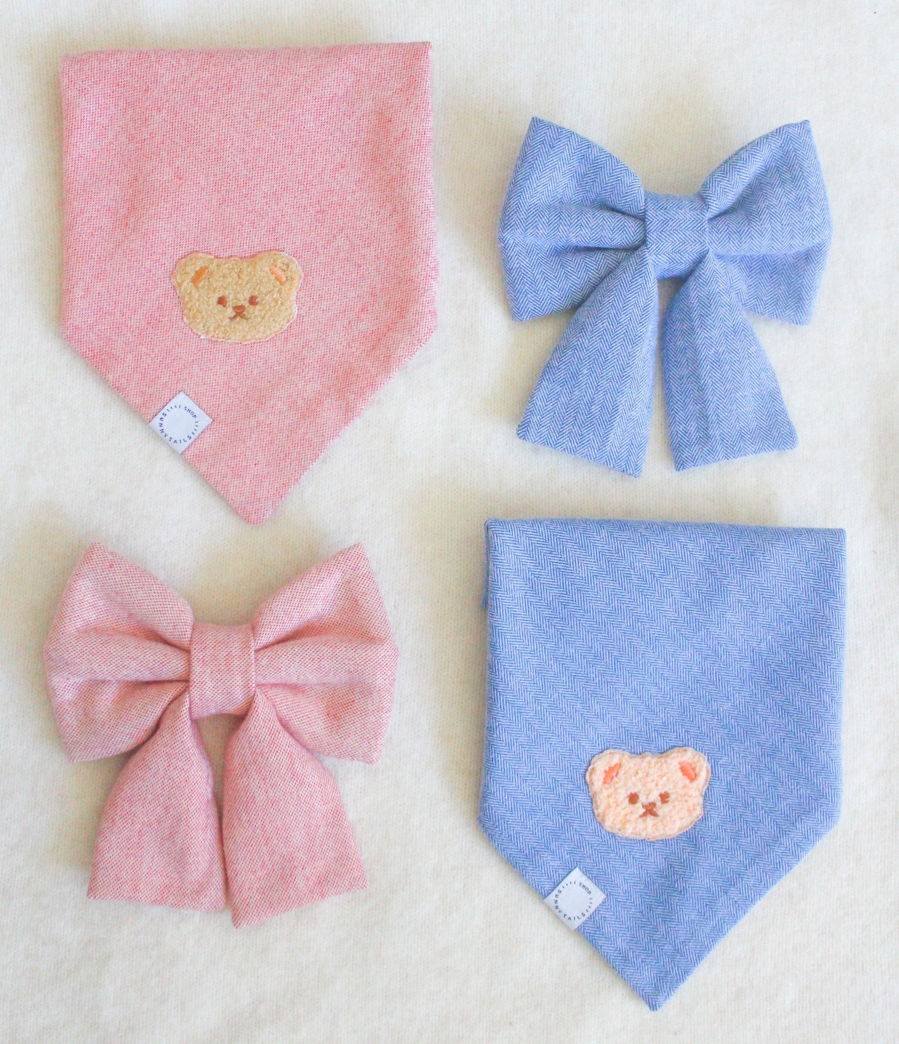 Blue Herringbone Flannel Dog Sailor Bow - SUNNY TAILS