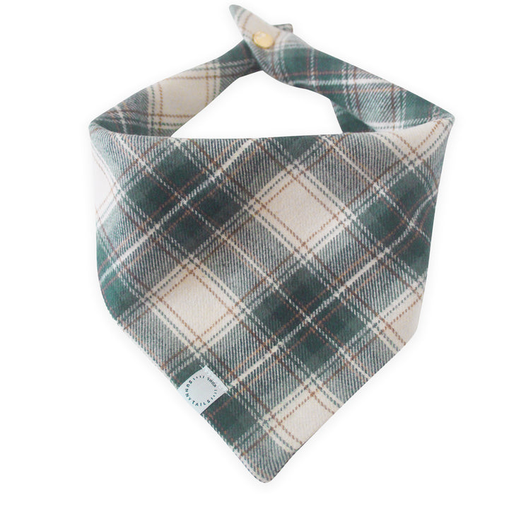 Woodland Plaid Flannel Dog Bandana | Tan, Brown, and Green Plaid Flannel | Shop Sunny Tails